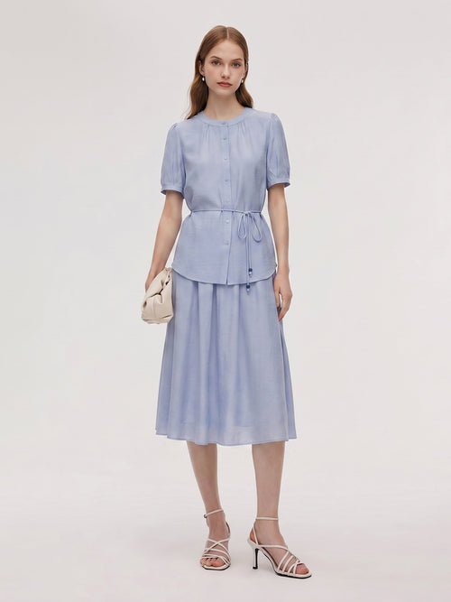 Acetate Blend Blouse And A-Line Skirt Belted Two-Piece Set