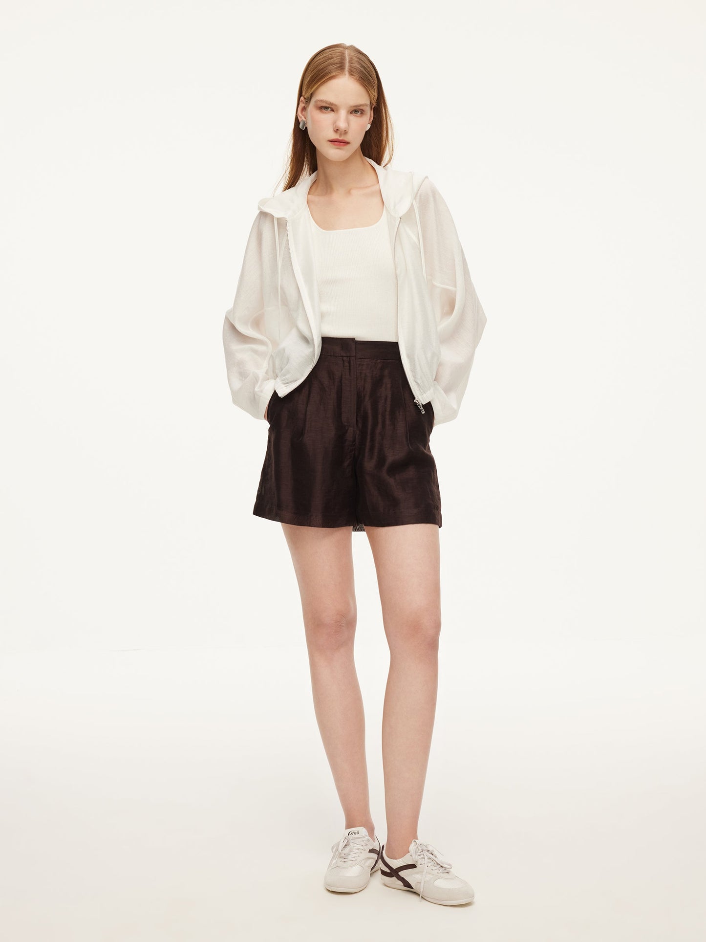 Tencel Acetate Linen Blend Women Zip-Up Hooded Cropped Jacket