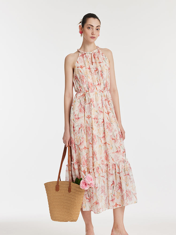 10 Momme Mulberry Silk Iris Print Halter Ruffle Women Maxi Dress