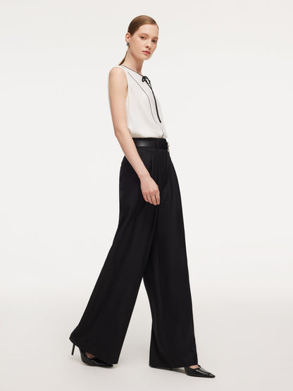 100% Worsted Wool Straight Leg Women Pants With Belt