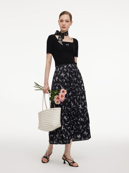 Lyocell Blend Bowknot Embroidered Women Square Neck Knit Top