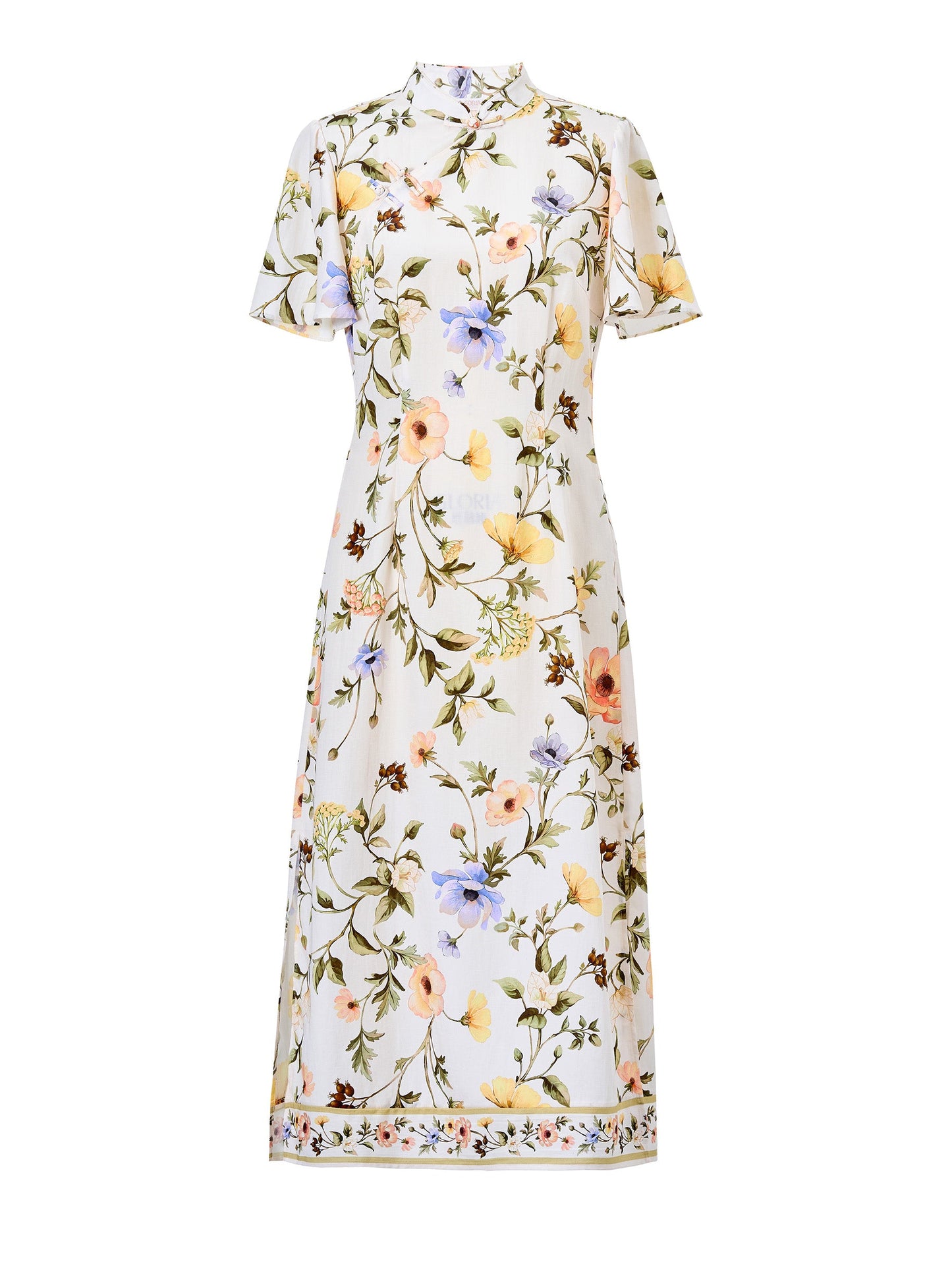 Tencel Linen Blend Floral Print Women Qipao Maxi Dress