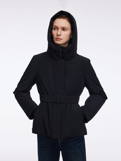 Gathered Waist Hooded Goose Down Jacket With Belt