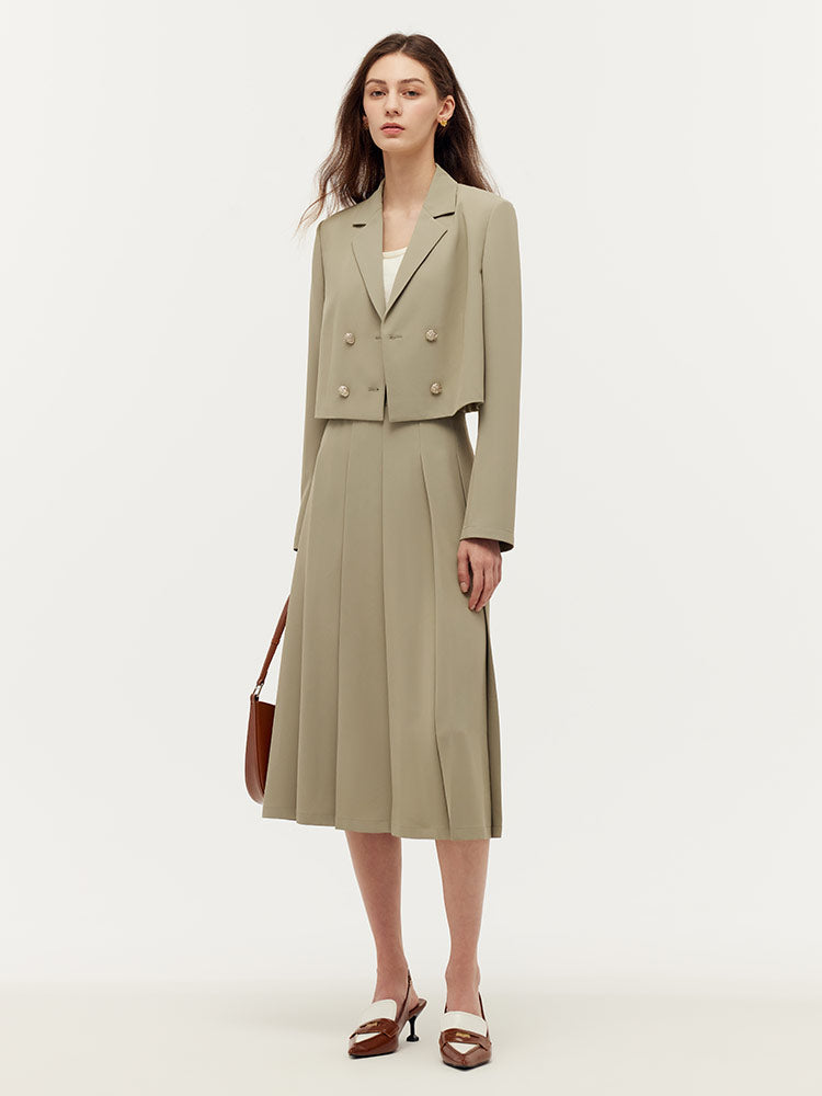 Crop Blazer And Camisole And Pleated Midi Skirt Three-Piece Set