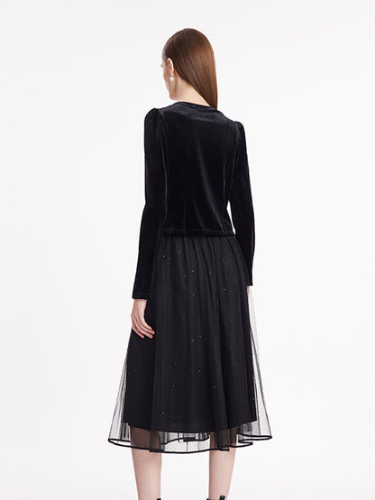 Wave Cut V-Neck Velvet Top And Tulle Skirt Two-Piece Set
