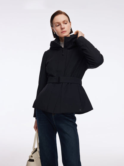 Gathered Waist Hooded Goose Down Jacket With Belt