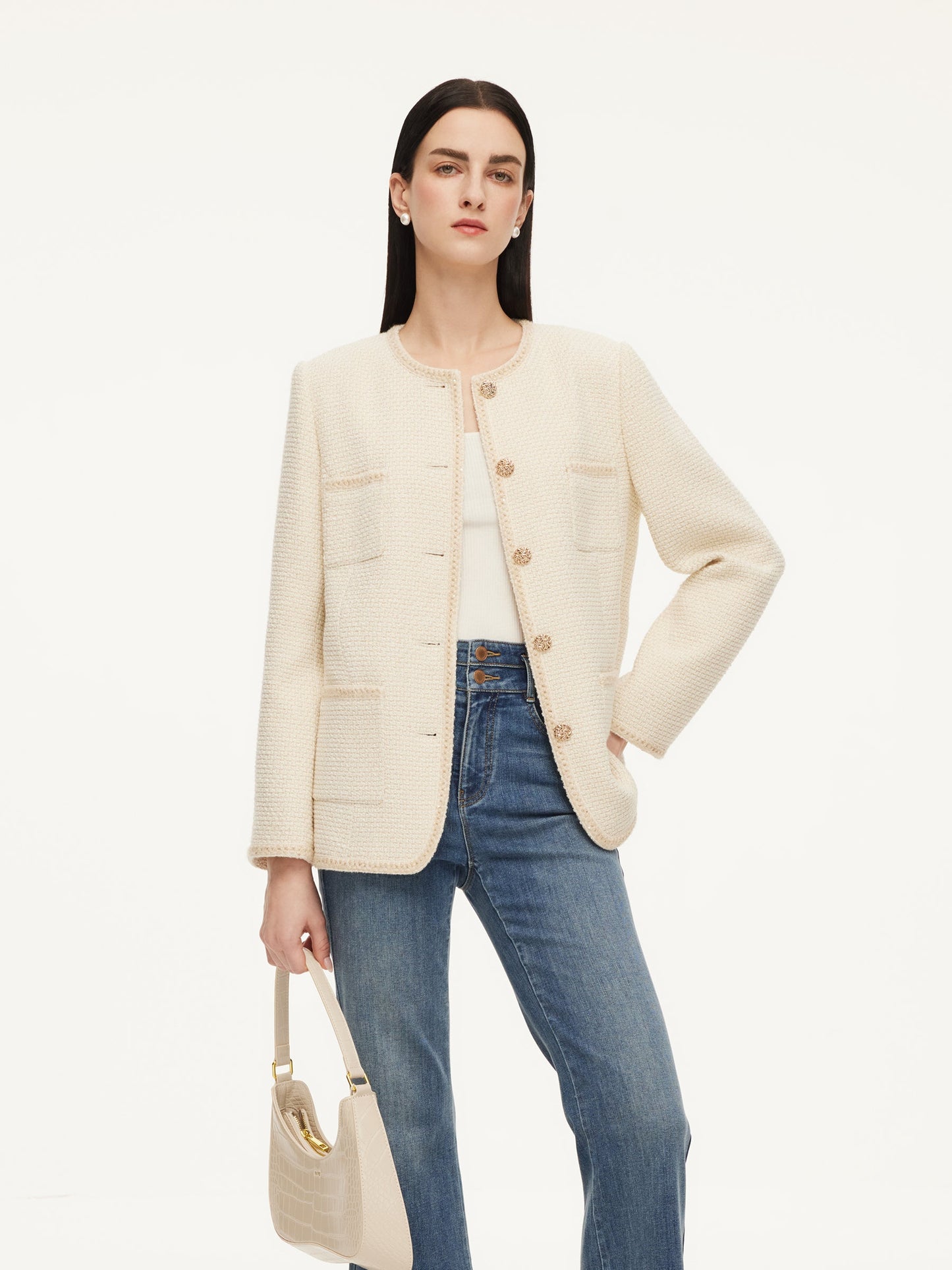 Wool Blend Tweed Braided Trim Women Jacket