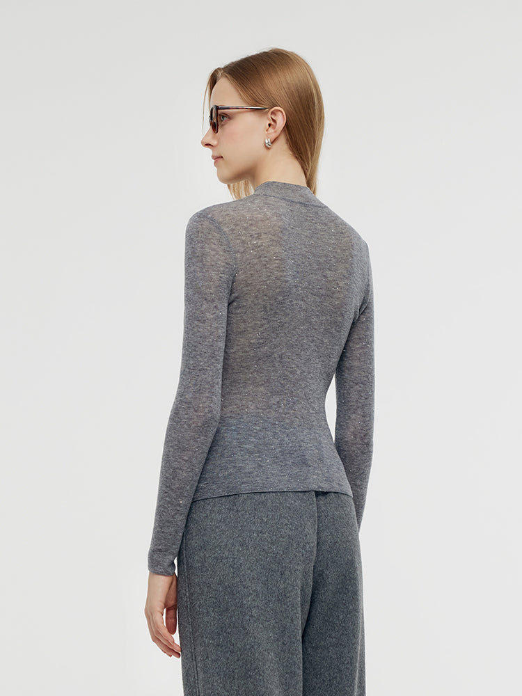 100% Wool Mock Neck Women Long Sleeve Top