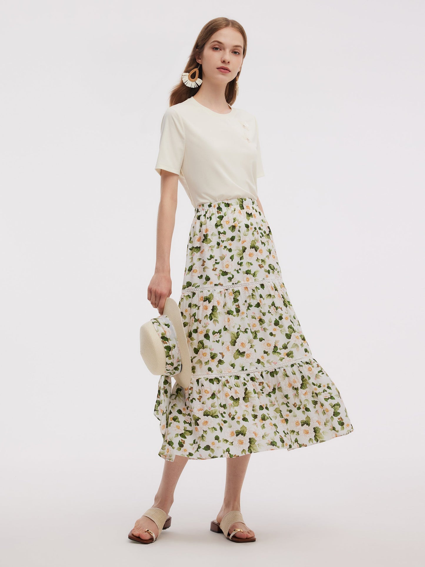 Acetate Blend Floral Print Women Tiered Skirt