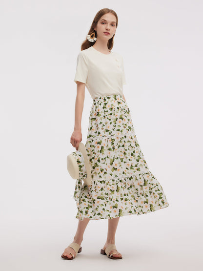 Acetate Blend Floral Print Women Tiered Skirt