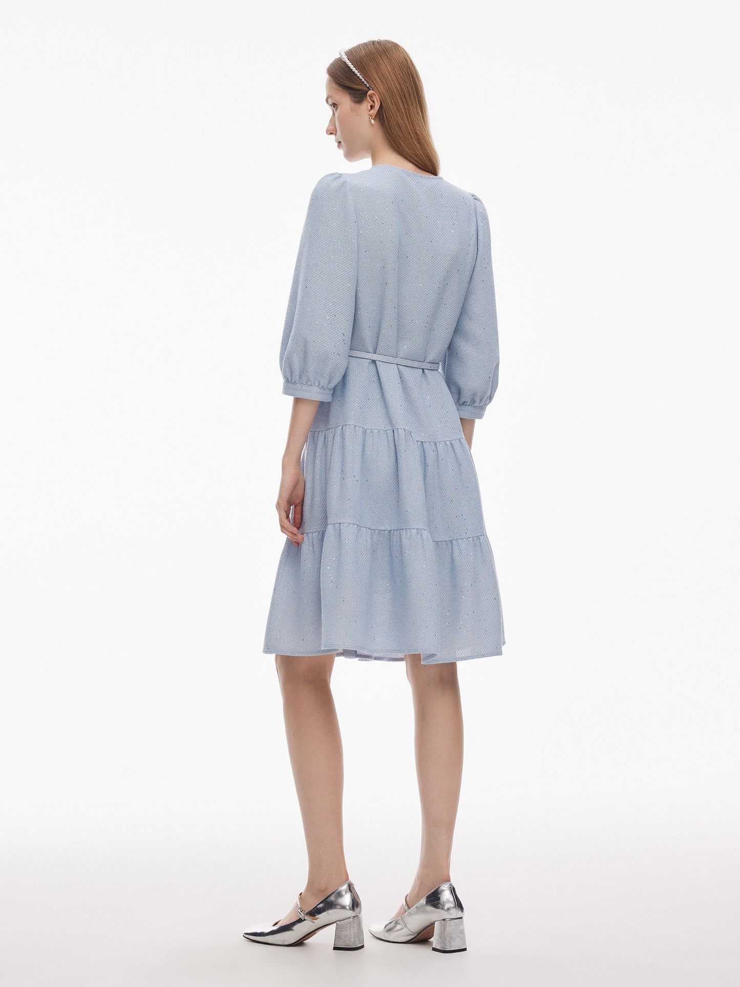 Acetate Blend Tweed Sequins Women Midi Dress With Belt