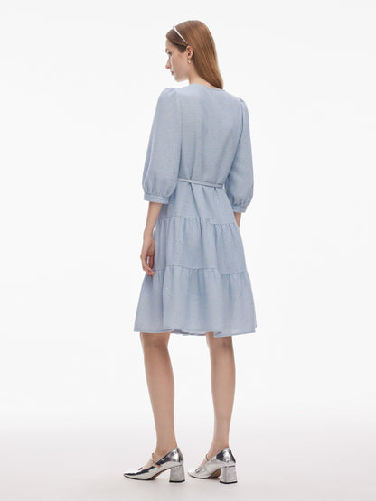 Acetate Blend Tweed Sequins Women Midi Dress With Belt