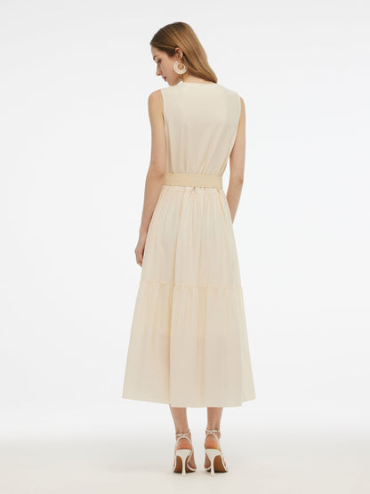 Acetate Blend Loose Fit Women A-Line Maxi Vest Dress With Belt