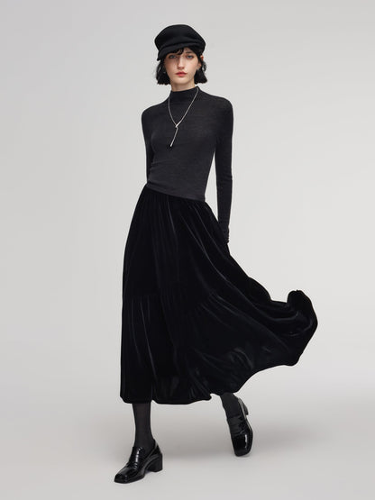 Black Velvet A-Line Elastic Waist Women Skirt
