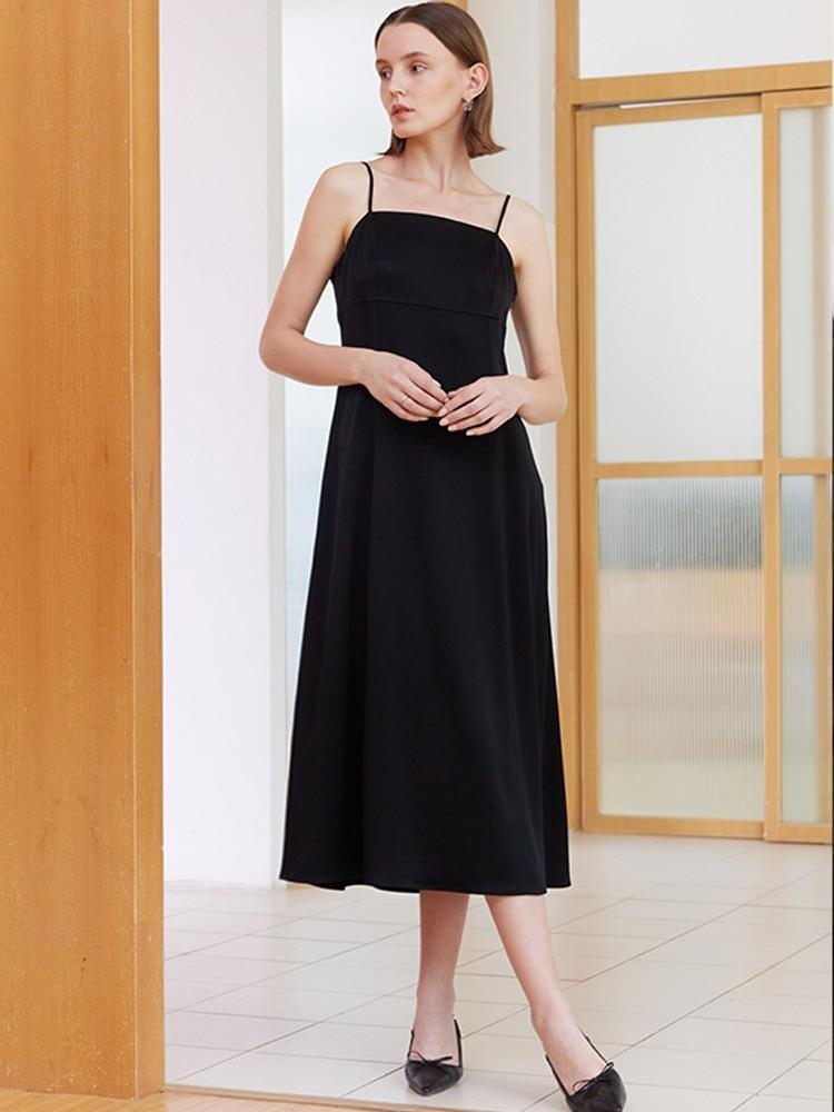 Black Triacetate Spaghetti Strap Midi Dress