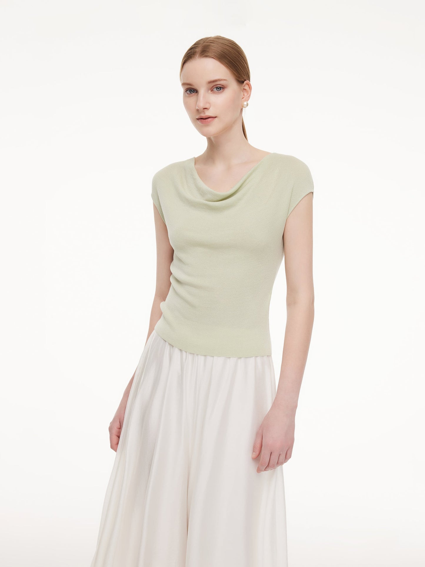 Tencel Mulberry Silk Cowl Neck Women Cap Sleeve Knit Top