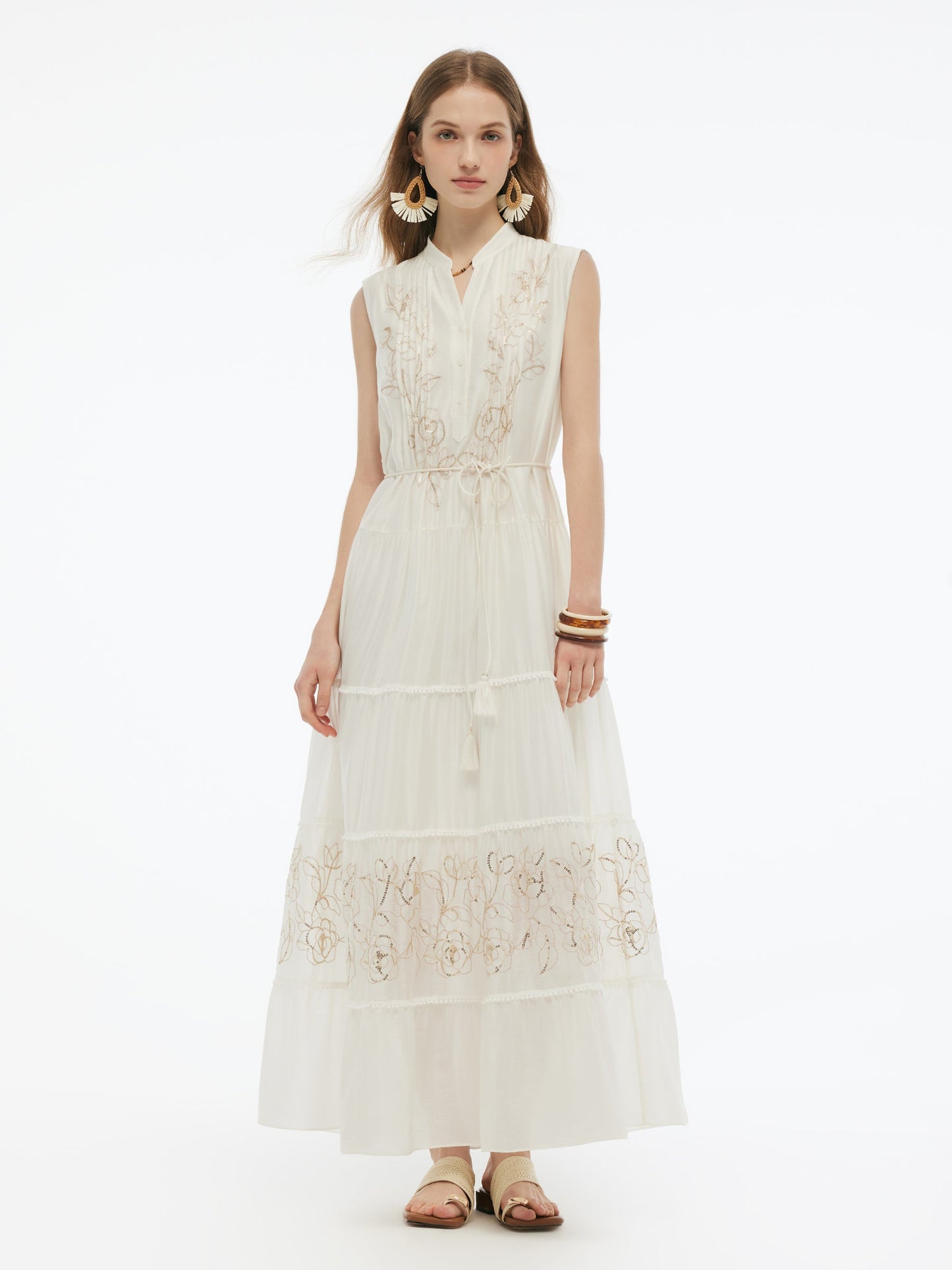 Tencel Blend Embroidered Women Maxi Vest Dress With Tie String Belt