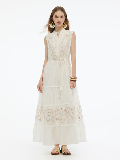 Tencel Blend Embroidered Women Maxi Vest Dress With Tie String Belt