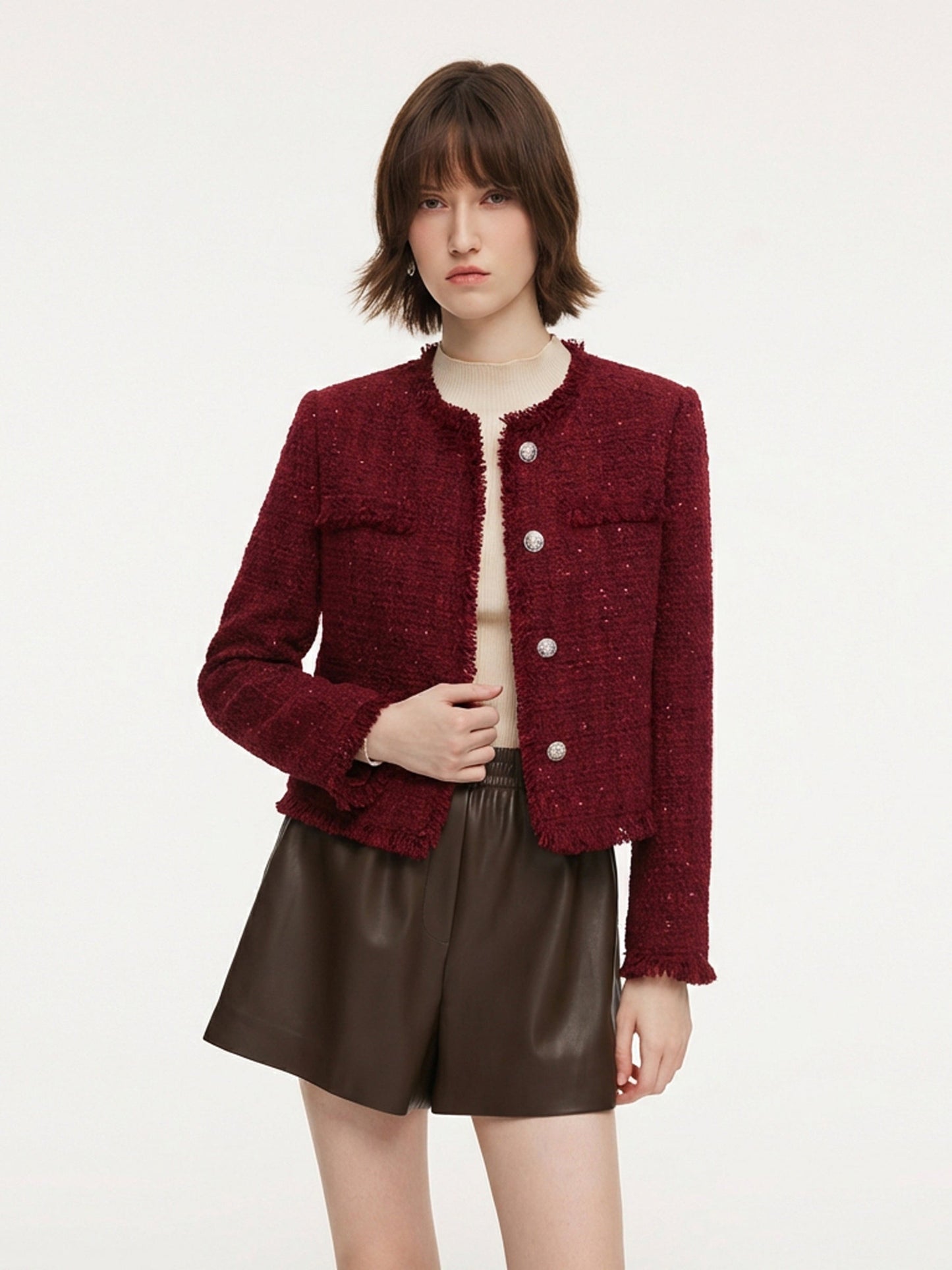 Wool Blend Tweed Sequins Fringe Trim Women Jacket