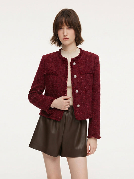 Wool Blend Tweed Sequins Fringe Trim Women Jacket