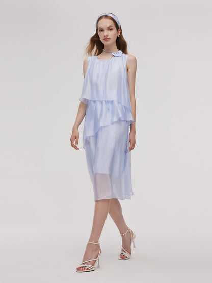 Ruffle Women Tiered Vest Midi Dress With Hairband And Bowknot Choker