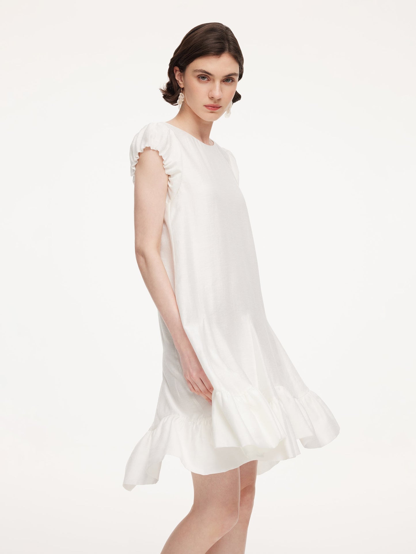 Lyocell Acetate Linen Blend Ruffle Hem Women Mini Dress With Crossbody Bag