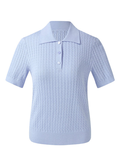 Tencel Blend Openwork Women Knit Polo Top