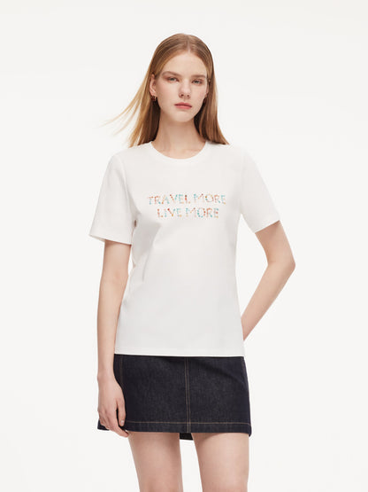 100% Cotton Beaded Letter Women T-Shirt