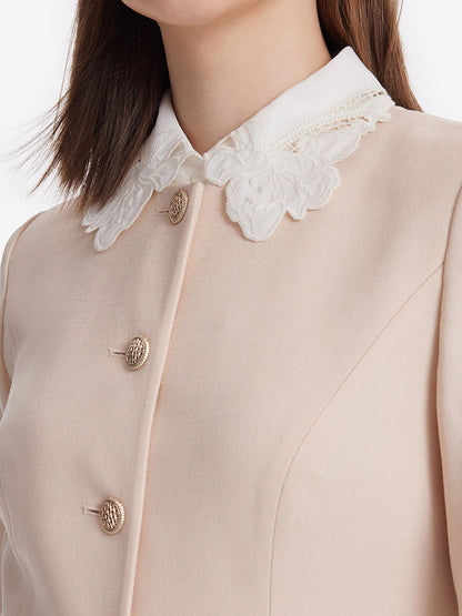 Acetate Single-Breasted Women Mini Dress With Detachable Lace Collar