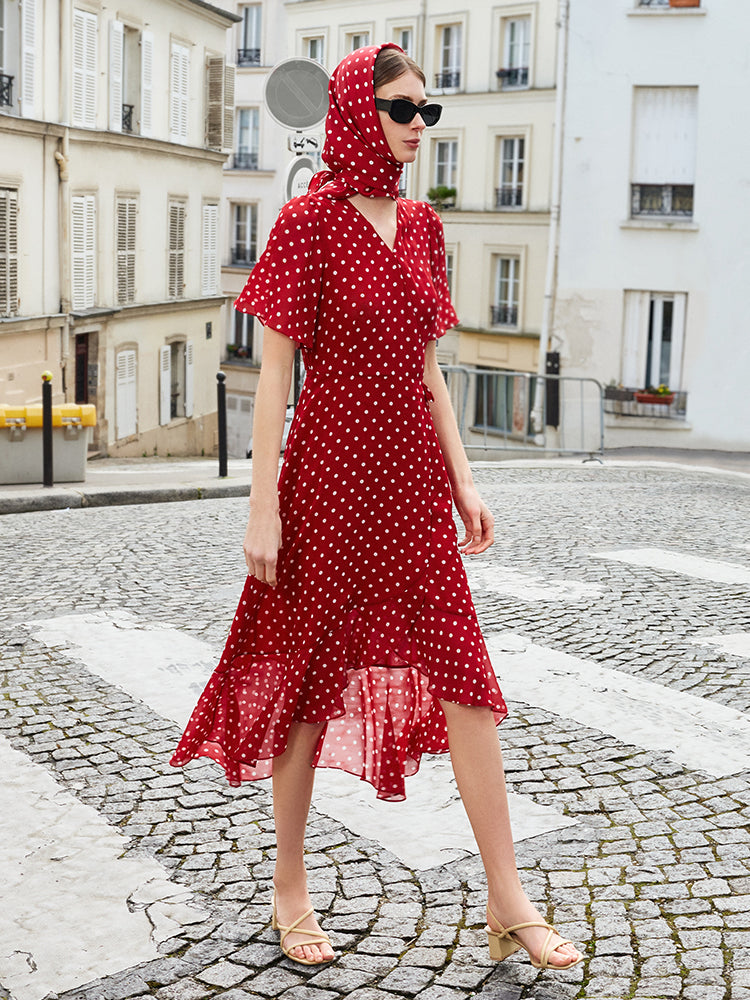 10 Momme Mulberry Silk Polka Dots Print Wrapped Ruffle Women Midi Dress