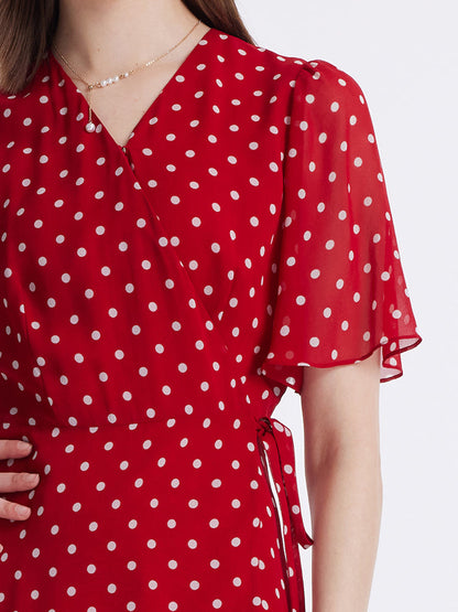 10 Momme Mulberry Silk Polka Dots Print Wrapped Ruffle Women Midi Dress