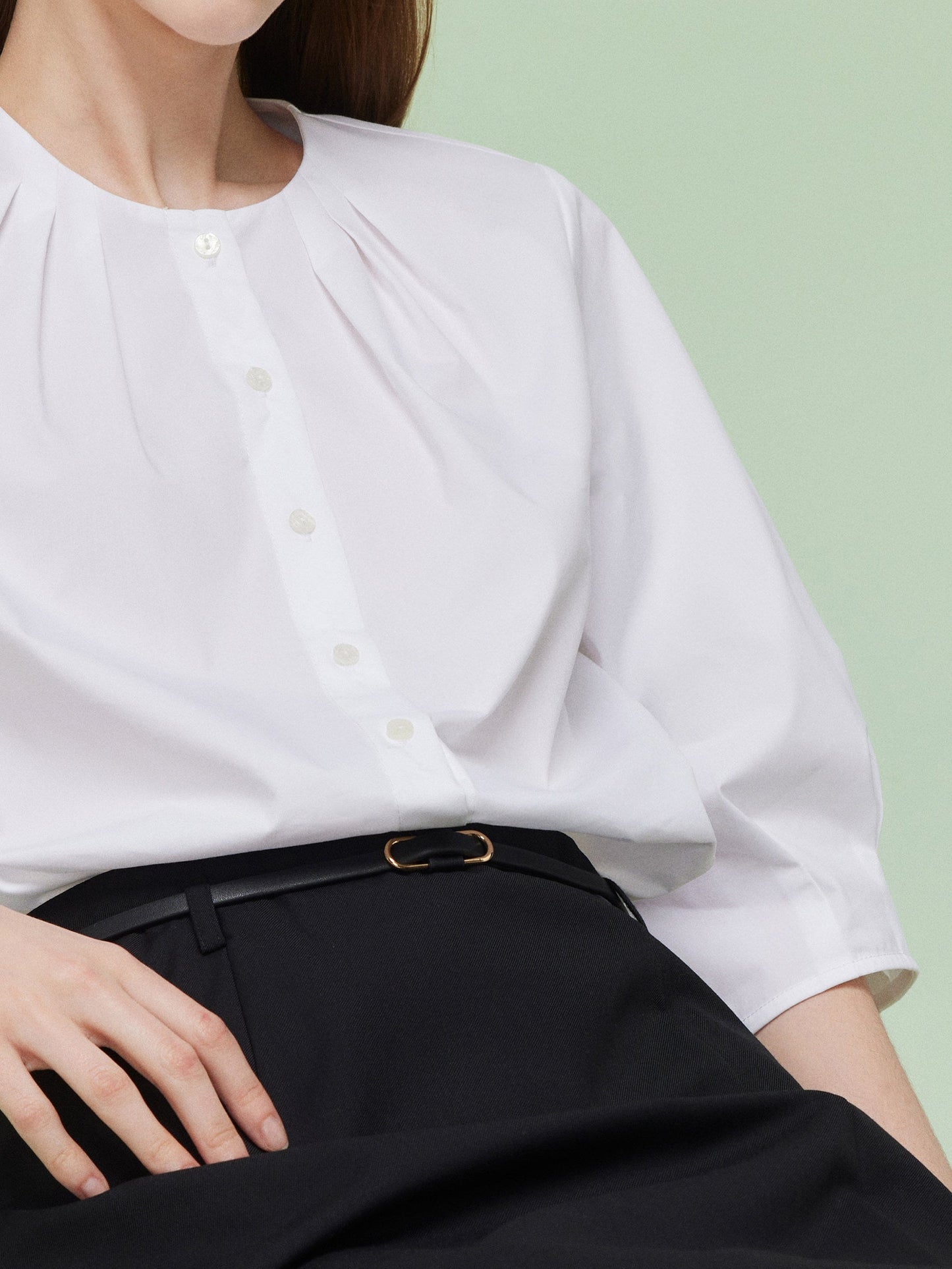 Pre-Order 3/4 Sleeve Shirt And Front Slit Skirt Two-Piece Set With Leather Belt
