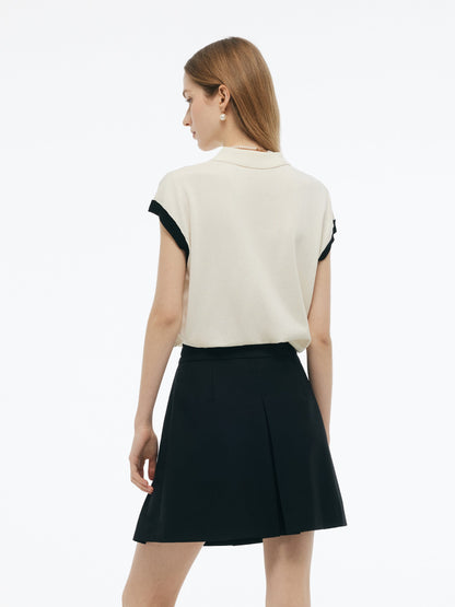 Tencel Blend Color Block Women Polo Short Sleeve Cardigan