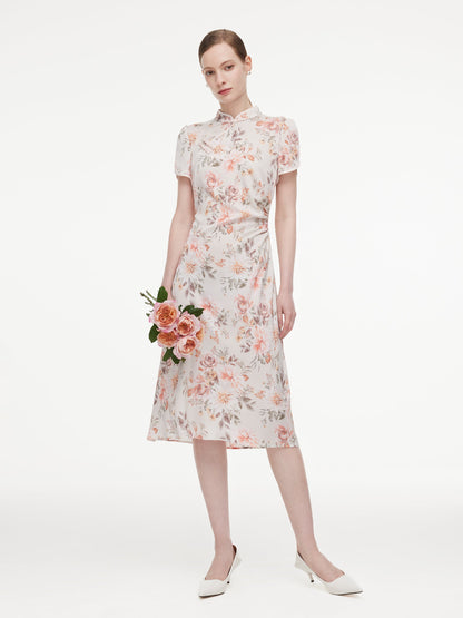 19MM Mulberry Silk Floral Print Women Qipao Midi Dress