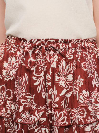 Cap Sleeve Knit Top And Marigold Floral Print Tiered Skirt Two-Piece Set With Silky Scarf