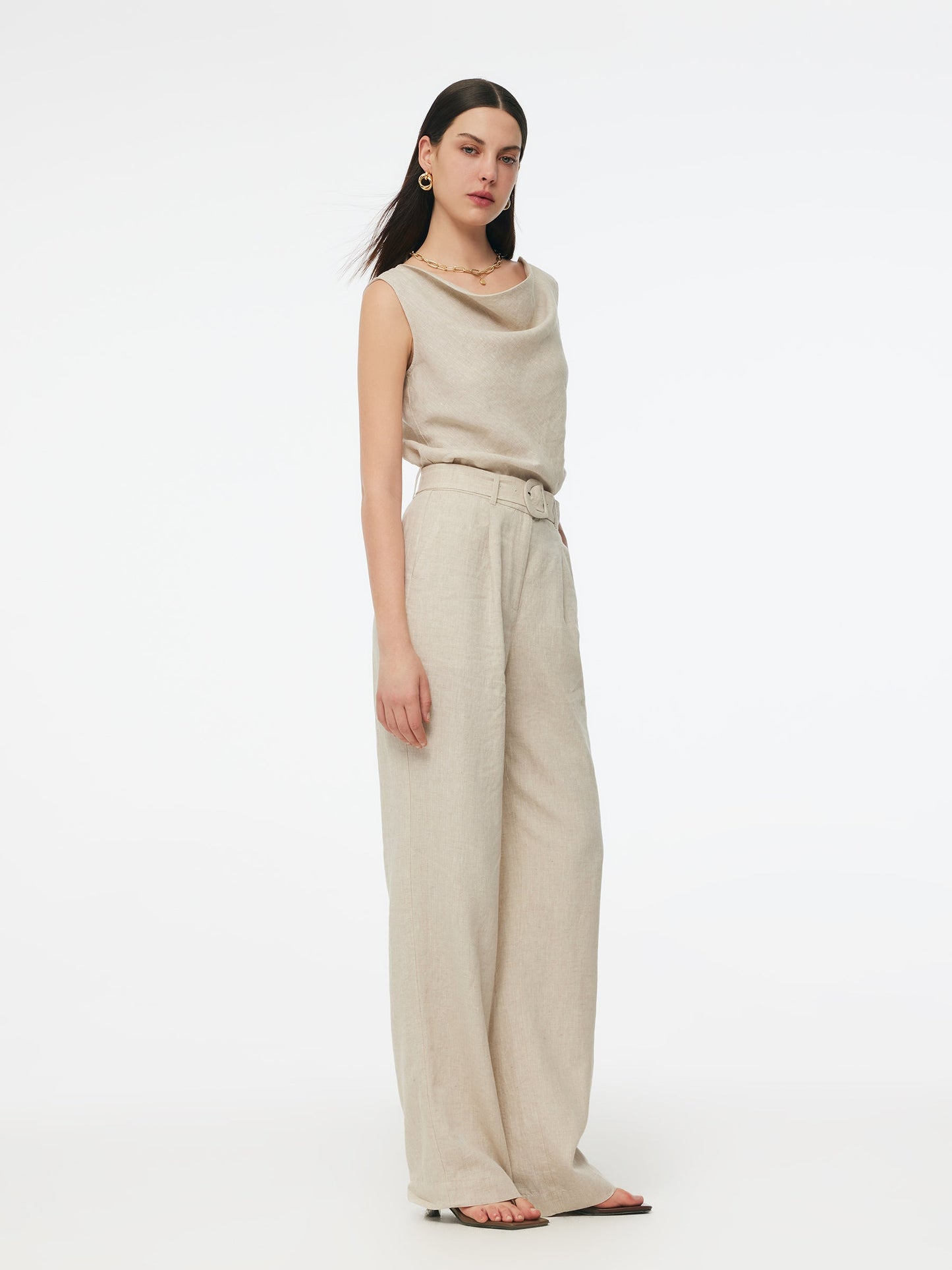 100% Linen Women Straight Leg Pants With Belt
