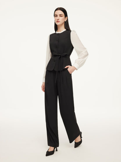 Four-Way Stretch Mock Layered Shirt And Pants Two-Piece Set With Self-Tie Belt