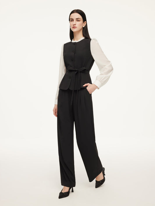 Four-Way Stretch Mock Layered Shirt And Pants Two-Piece Set With Self-Tie Belt