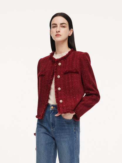Wool Blend Tweed Sequins Fringe Trim Women Jacket