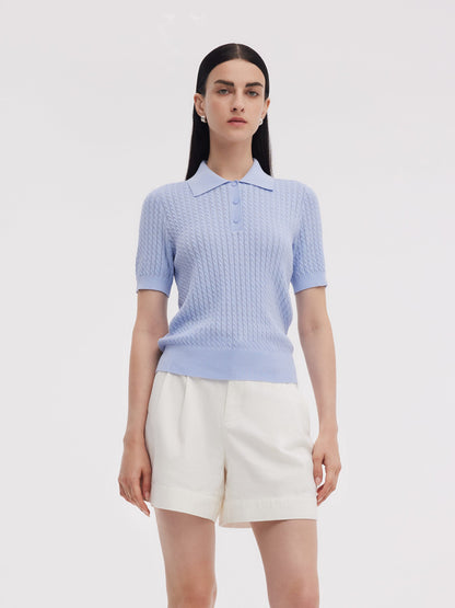 Tencel Blend Openwork Women Knit Polo Top