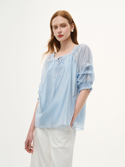 Tencel Blend Embroidered Square Neck Women Blouse