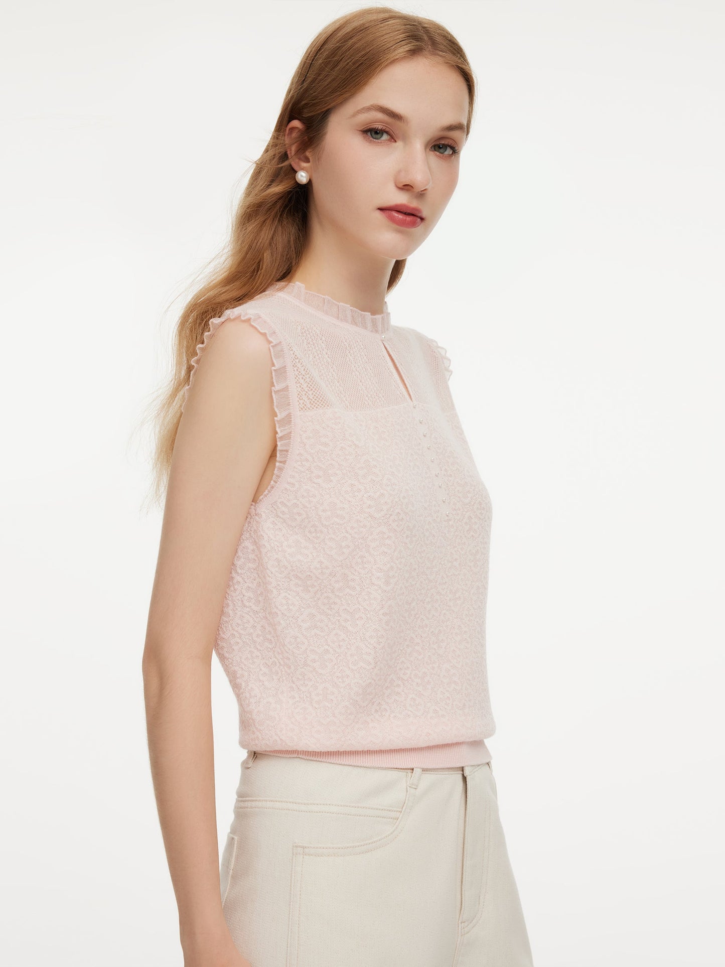 Jacquard Cut Out Neckline Women Ruffle Knit Tank Top