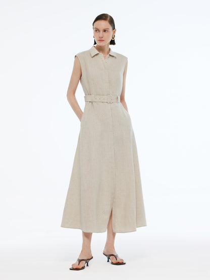100% Linen Women Vest Maxi Shirt Dress With Belt