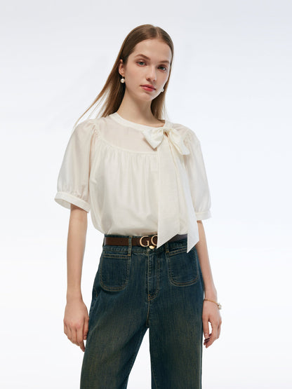Tencel Blend Women Puff-sleeved Blouse