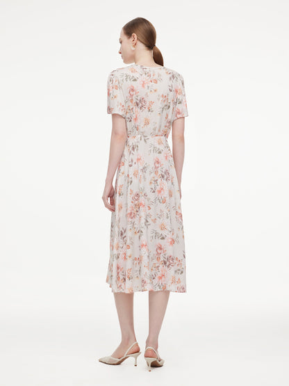 19MM Mulberry Silk Floral Print Twist Front Women Midi Dress