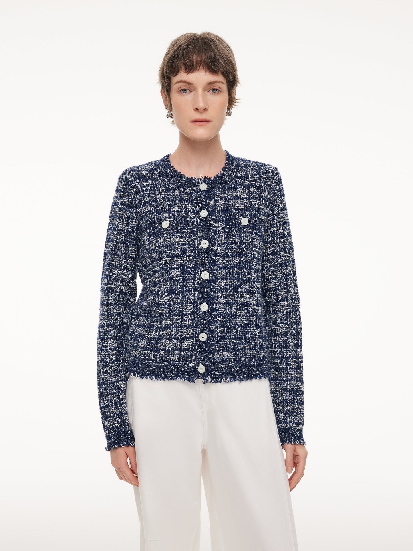 Wool Cotton Blend Frayed Trim Women Cardigan