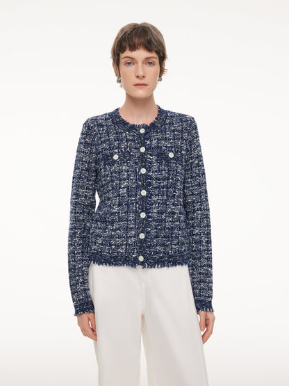 Wool Cotton Blend Frayed Trim Women Cardigan