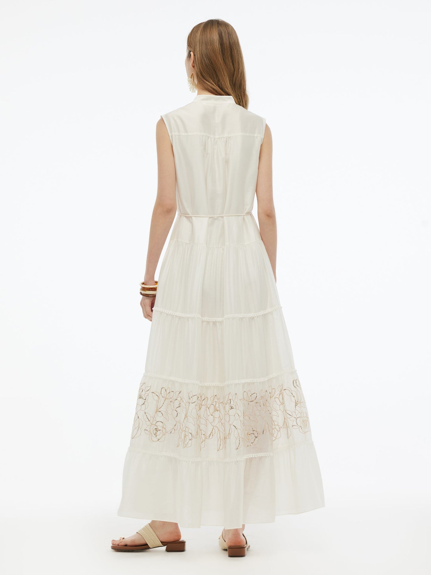 Tencel Blend Embroidered Women Maxi Vest Dress With Tie String Belt
