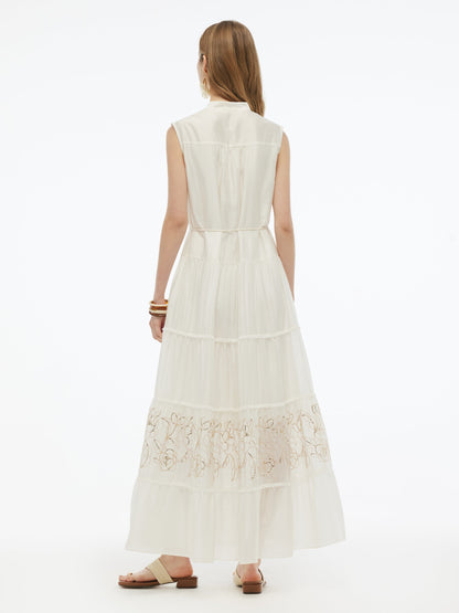 Tencel Blend Embroidered Women Maxi Vest Dress With Tie String Belt