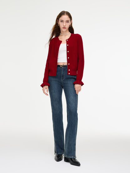 Tencel Wool Blend Ruffle Cuff Women Cardigan